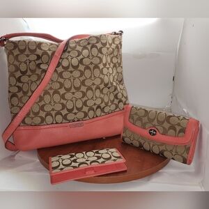 Coach Park Signature Coral Tote Canvas & Coral Leather Trim F23279 & F49165